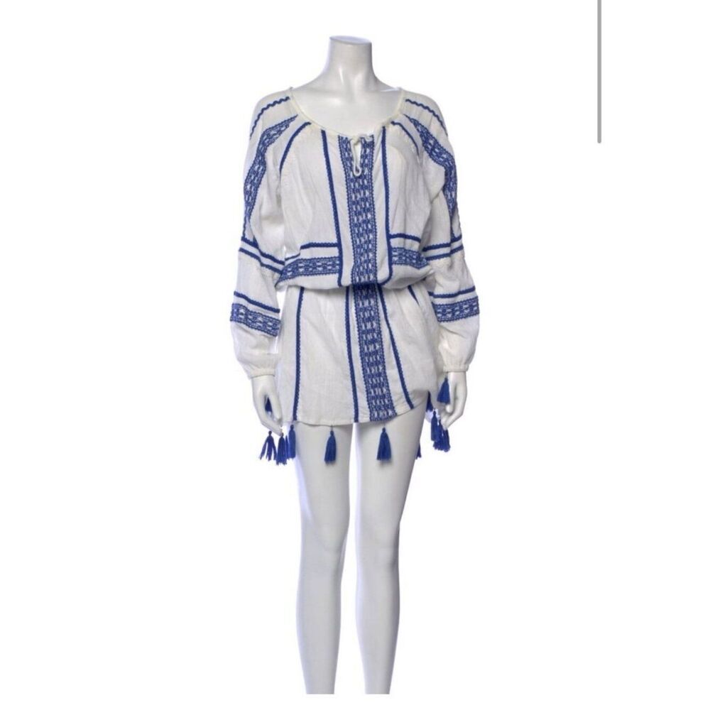 Dodo Bar Or Authentic Blue White Long Sleeve Embroidered Mini Dress Medium